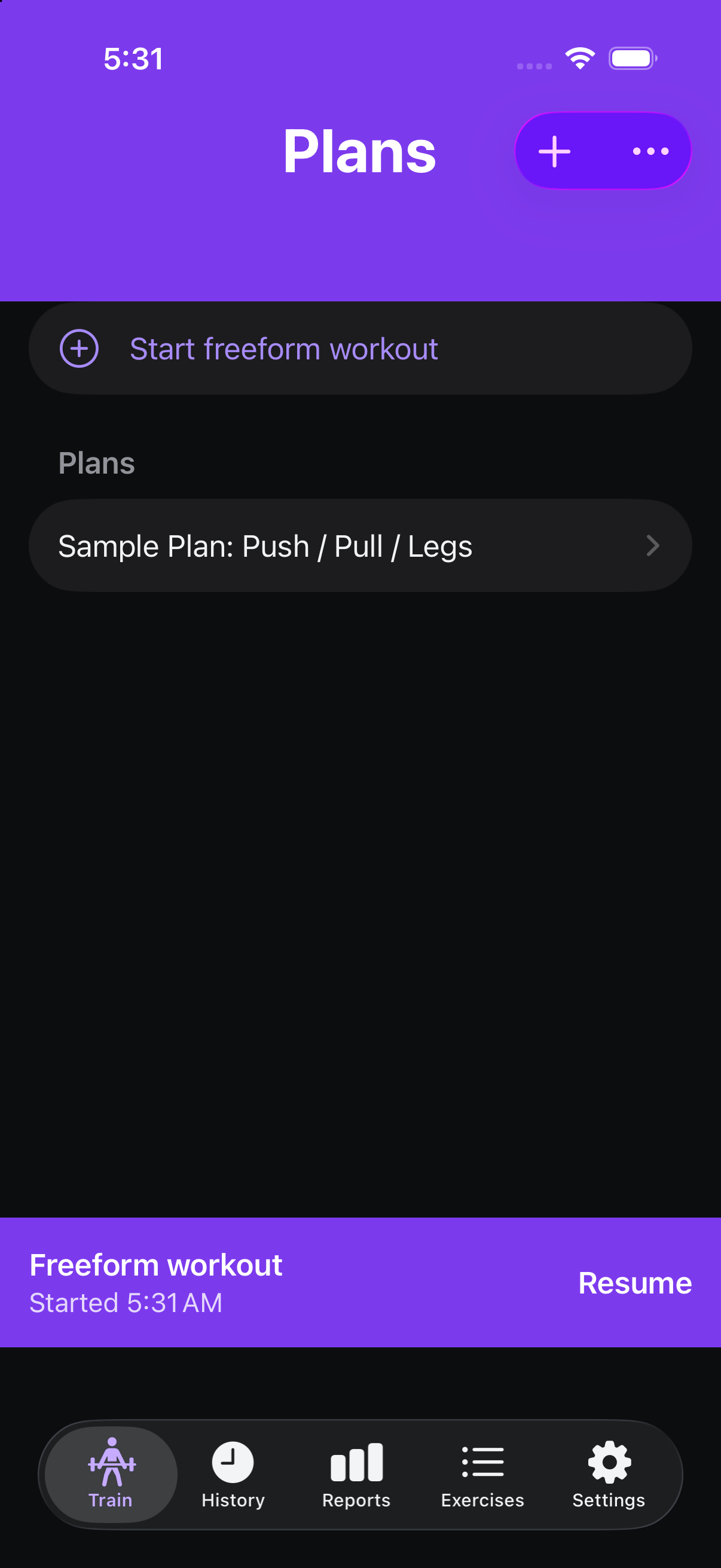 The Train tab with a violet-tinted header reading Plans and a matching banner above the tab bar reading Freeform workout, Started 9:08 PM, with a Resume link