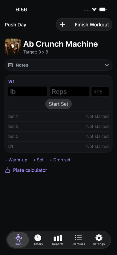 The active workout screen for an exercise, showing a W1 warm-up row, Set 1/2/3 rows marked Not started, a D1 drop set row, weight/reps/RPE fields, a Start Set button, and links for adding a warm-up, set, drop set, or opening the plate calculator