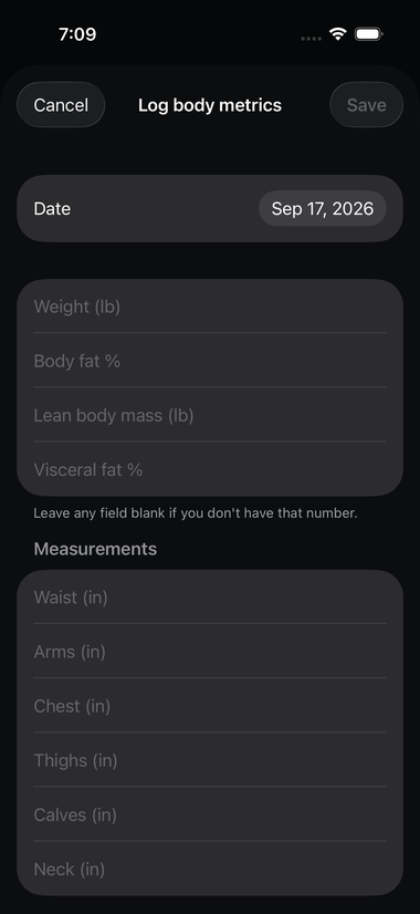 The Log body metrics form with a date field, weight, body fat percent, lean body mass, visceral fat percent, and a Measurements section for waist, arms, chest, thighs, calves and neck