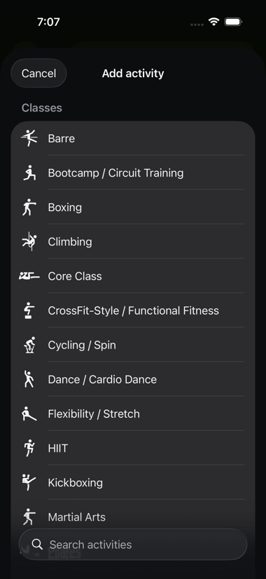 The Add Activity picker, listing gym classes like Barre, Bootcamp, Boxing, Climbing, and HIIT alongside a search field