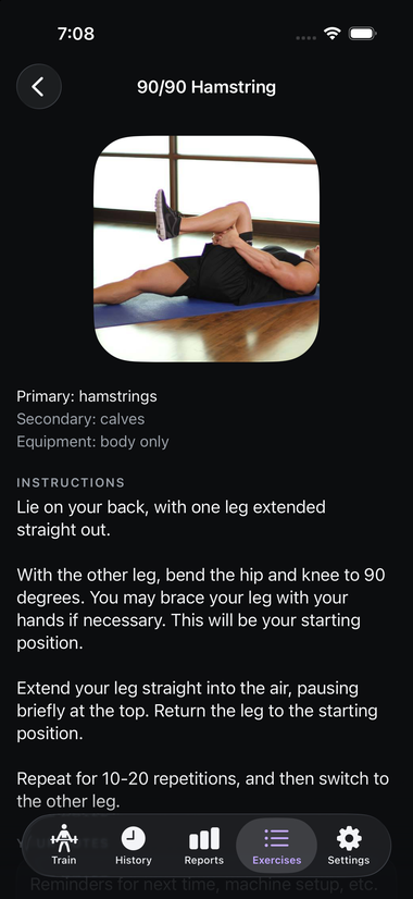 An exercise detail screen showing a demonstration photo, primary and secondary muscle groups, equipment, and step-by-step instructions