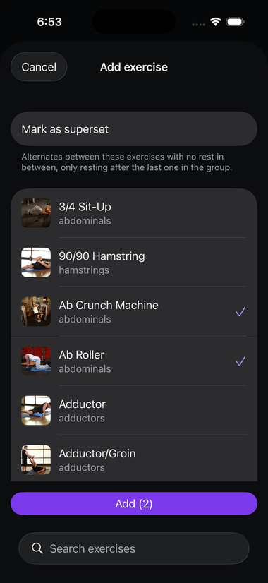 The Add exercise picker with two exercises selected and a Mark as superset toggle showing
