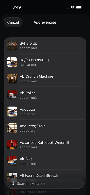 The Add exercise picker sheet, listing exercises with a Search exercises field at the bottom