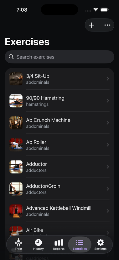 The Exercises tab with a search bar and a scrollable list of exercises, each showing a photo, name, and primary muscle group