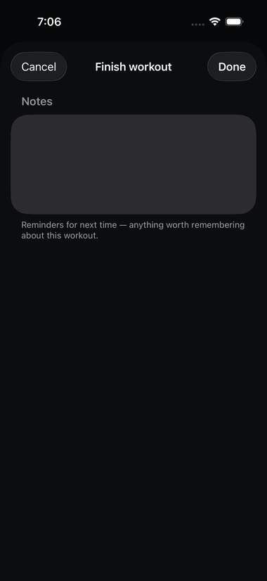 The Finish workout screen with a notes field for reminders about the session