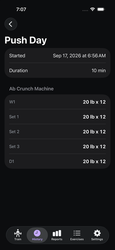 A workout detail screen showing the start time, duration, and every set logged for an exercise including warm-up, working sets, and a drop set