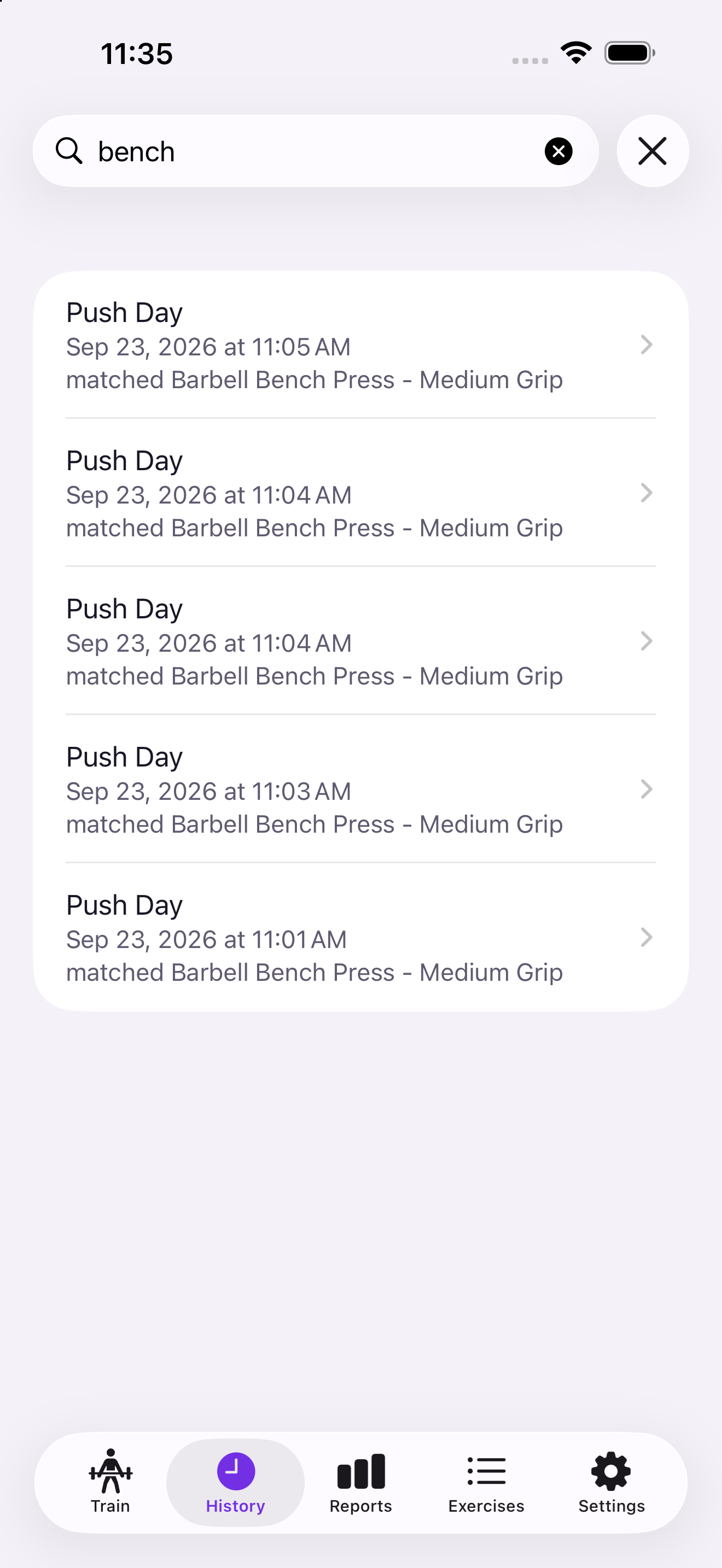 The History tab with a search for bench, showing three Push Day workouts each labelled with the exercise that matched