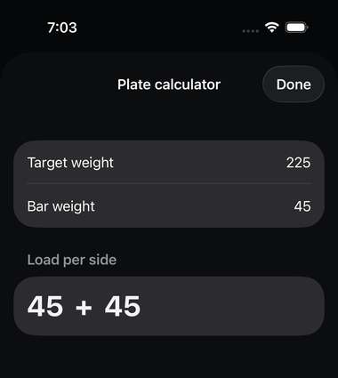 The plate calculator showing a target weight of 225, bar weight of 45, and a load per side of 45 plus 45