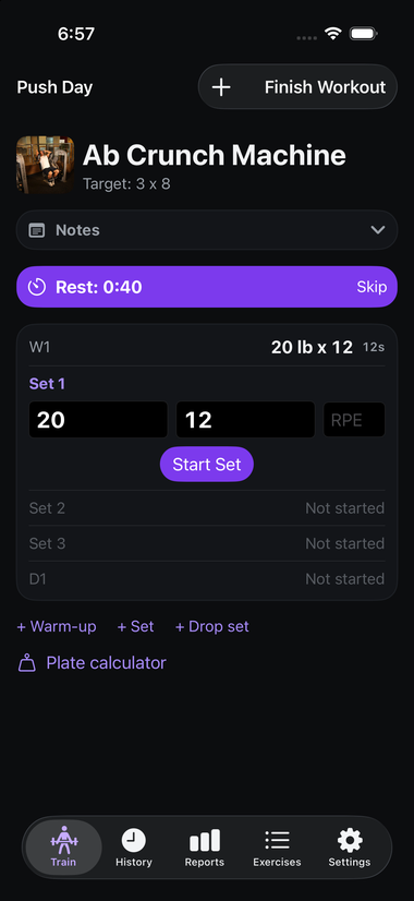 A purple rest timer banner reading Rest: 0:40 with a Skip button, above a completed W1 warm-up set and the next set ready to log