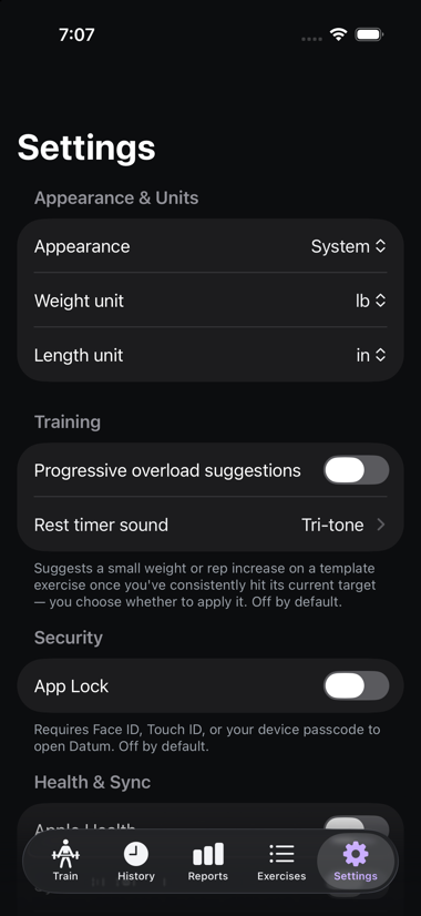 The Settings tab, grouped into Appearance & Units, Training, Security, Health & Sync, Heart Rate Monitor, Data, Support, and About sections