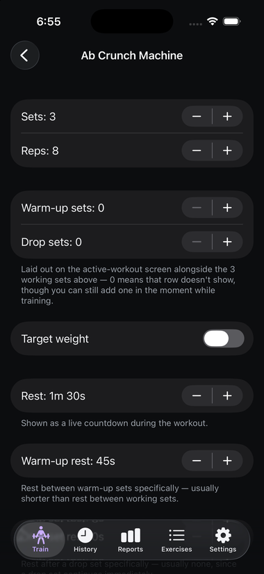 The exercise target editor showing Sets, Reps, Warm-up sets, Drop sets, Target weight toggle, Rest, and Warm-up rest controls