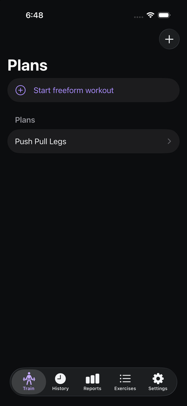 The Train tab, showing a plan and a Start freeform workout button
